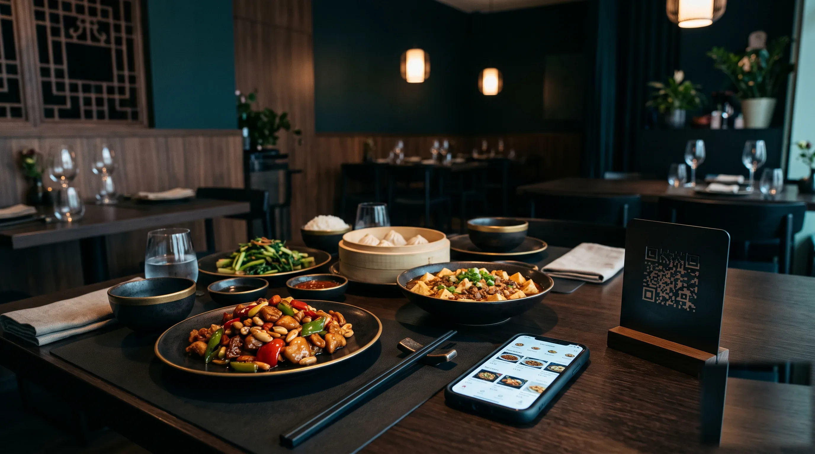 堂食桌台 · 桌角二维码 · 手机点餐界面